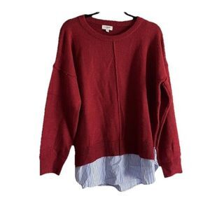 Umgee Women SZ S Red w/White & Blue Striped‎ Faux Layered Hem Pullover Sweater